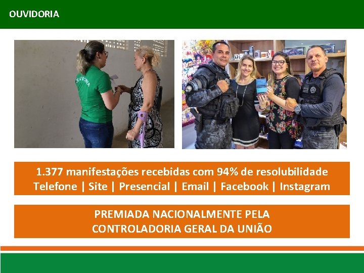 OUVIDORIA 1. 377 manifestações recebidas com 94% de resolubilidade Telefone | Site | Presencial