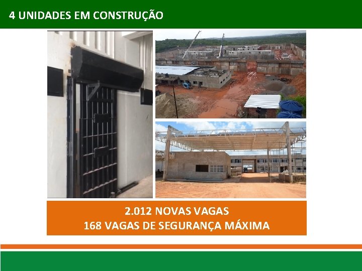 4 UNIDADES EM CONSTRUÇÃO 2. 012 NOVAS VAGAS 168 VAGAS DE SEGURANÇA MÁXIMA 