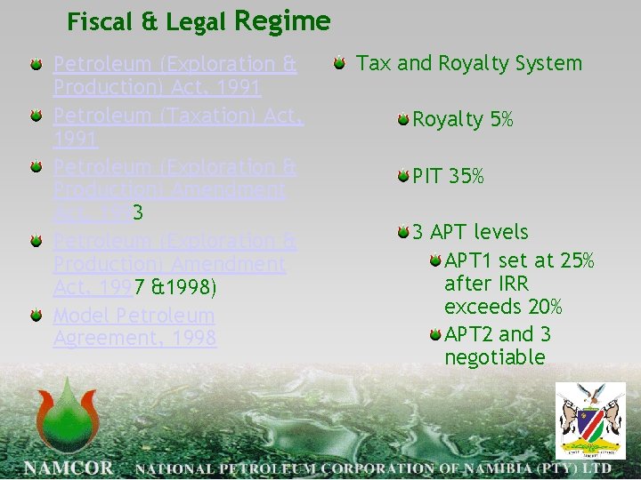 Fiscal & Legal Regime Petroleum (Exploration & Production) Act, 1991 Petroleum (Taxation) Act, 1991