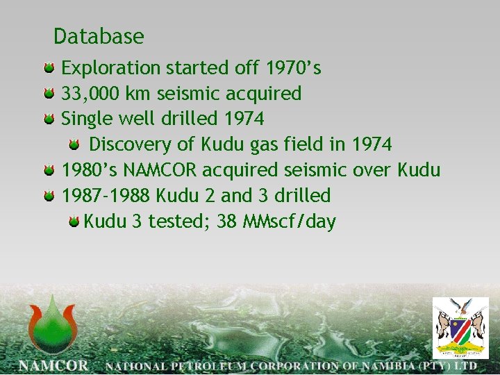 Database Exploration started off 1970’s 33, 000 km seismic acquired Single well drilled 1974
