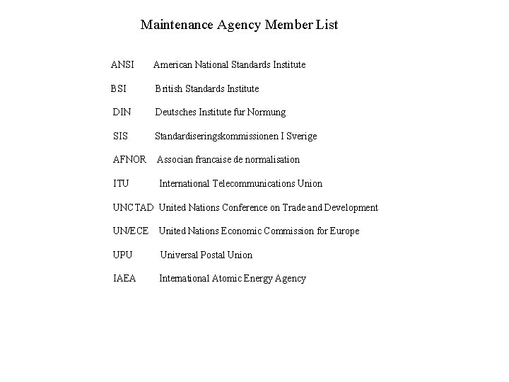 Maintenance Agency Member List ANSI American National Standards Institute BSI British Standards Institute DIN