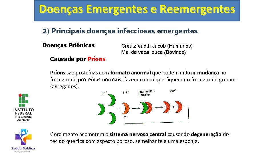 Doenças Emergentes e Reemergentes 2) Principais doenças infecciosas emergentes Doenças Priônicas Creutzfeudth Jacob (Humanos)