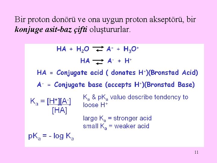 Bir proton donörü ve ona uygun proton akseptörü, bir konjuge asit-baz çifti oluştururlar. 11