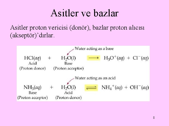 Asitler ve bazlar Asitler proton vericisi (donör), bazlar proton alıcısı (akseptör)’dırlar. 8 