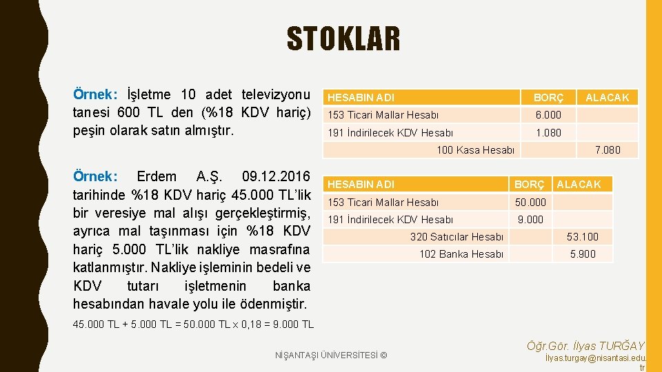 STOKLAR Örnek: İşletme 10 adet televizyonu tanesi 600 TL den (%18 KDV hariç) peşin