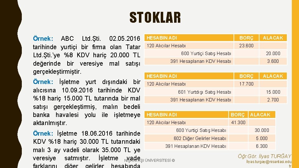 STOKLAR Örnek: ABC Ltd. Şti. tarihinde yurtiçi bir firma Ltd. Şti. ’ye %8 KDV