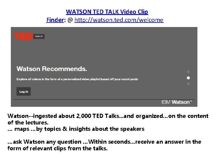 WATSON TED TALK Video Clip Finder: @ http: //watson. ted. com/welcome Watson--ingested about