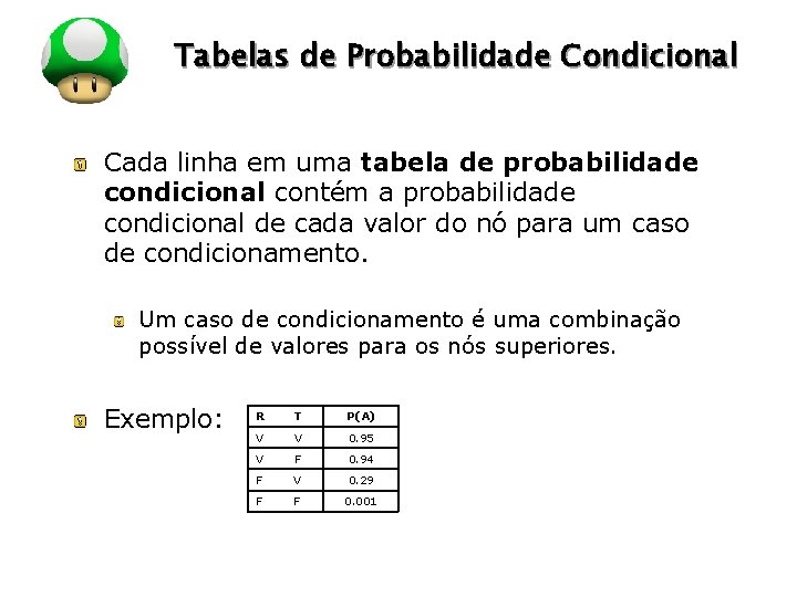 LOGO Tabelas de Probabilidade Condicional Cada linha em uma tabela de probabilidade condicional contém