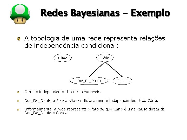LOGO Redes Bayesianas - Exemplo A topologia de uma rede representa relações de independência
