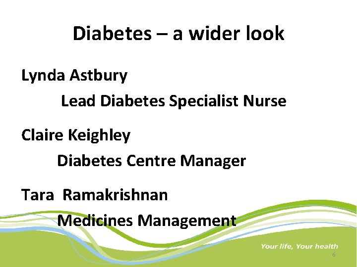 Diabetes – a wider look Lynda Astbury Lead Diabetes Specialist Nurse Claire Keighley Diabetes