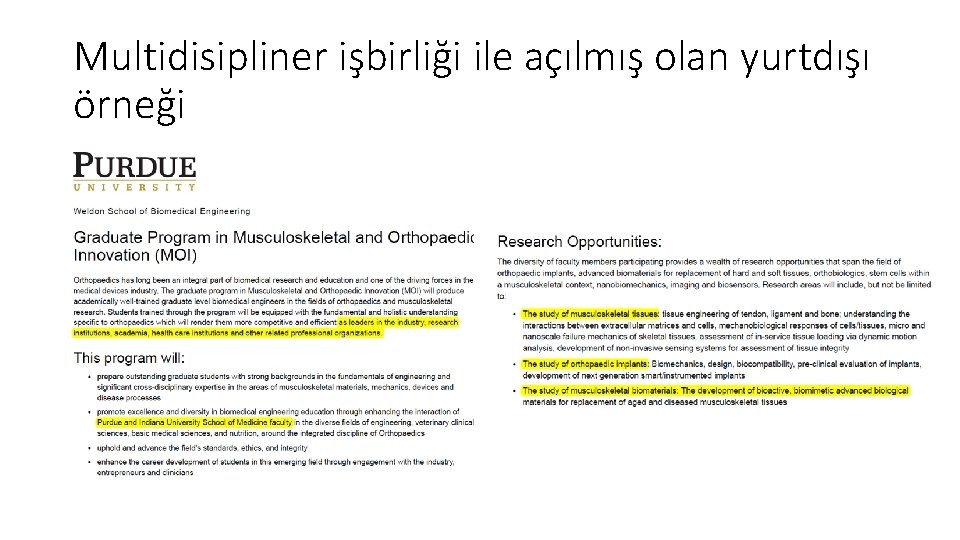 Multidisipliner işbirliği ile açılmış olan yurtdışı örneği 