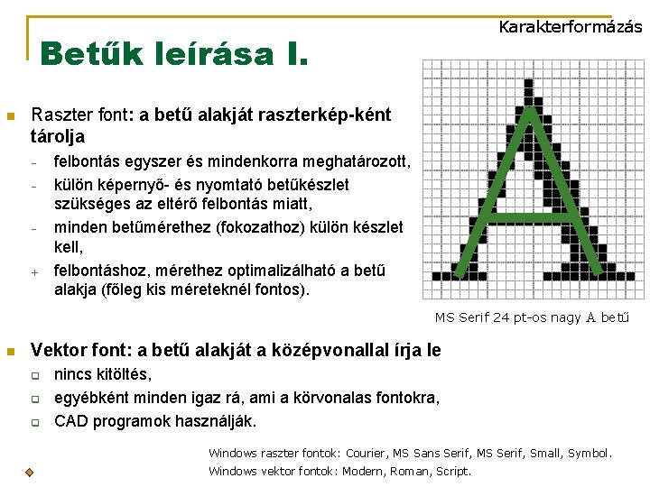 Karakterformázás Betűk leírása I. n Raszter font: a betű alakját raszterkép-ként tárolja – –