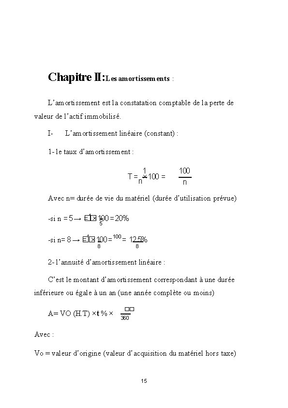 Chapitre II: Les amortissements : L’amortissement est la constatation comptable de la perte de