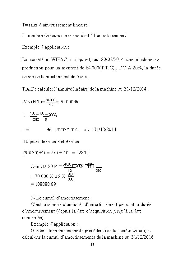 T= taux d’amortissement linéaire J= nombre de jours correspondant à l’amortissement. Exemple d’application :