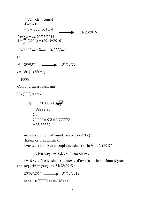 ∈ Amorts = cumul d’amorts = Vo (H. T) X t x d 31/12/2016