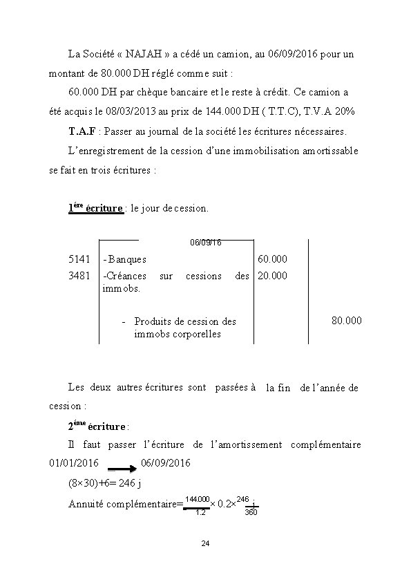 La Société « NAJAH » a cédé un camion, au 06/09/2016 pour un montant