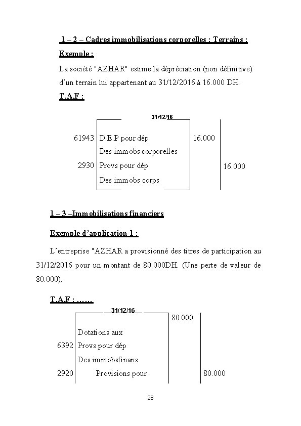 1 – 2 – Cadres immobilisations corporelles : Terrains : Exemple : La société