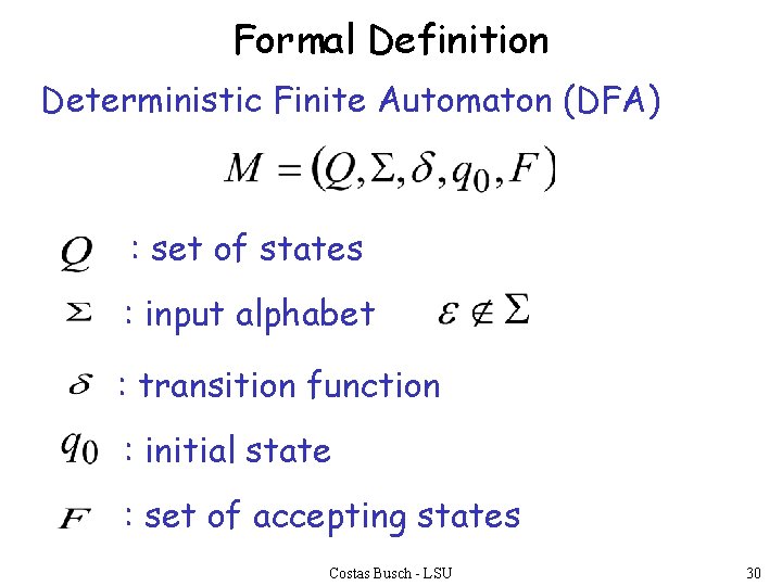 Formal Definition Deterministic Finite Automaton (DFA) : set of states : input alphabet :