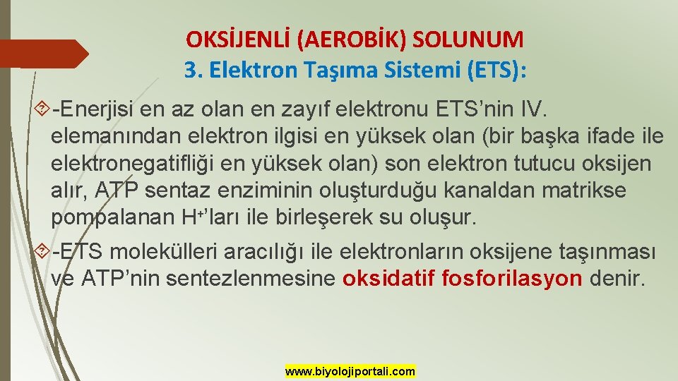 OKSİJENLİ (AEROBİK) SOLUNUM 3. Elektron Taşıma Sistemi (ETS): -Enerjisi en az olan en zayıf