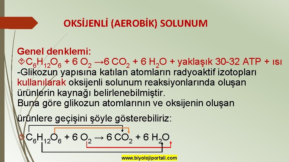 OKSİJENLİ (AEROBİK) SOLUNUM Genel denklemi: C 6 H 12 O 6 + 6 O
