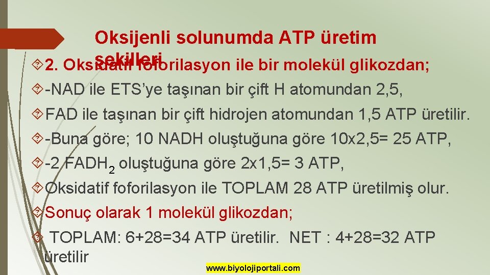 Oksijenli solunumda ATP üretim şekilleri 2. Oksidatif foforilasyon ile bir molekül glikozdan; -NAD ile