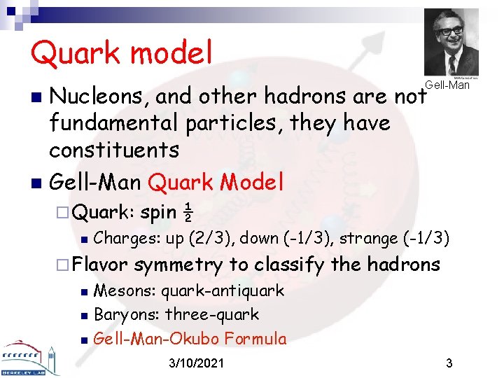 Quark model Gell-Man Nucleons, and other hadrons are not fundamental particles, they have constituents