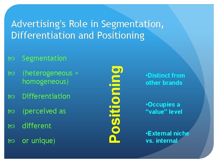 Advertising’s Role in Segmentation, Differentiation and Positioning (heterogeneous > homogeneous) Differentiation (perceived as different