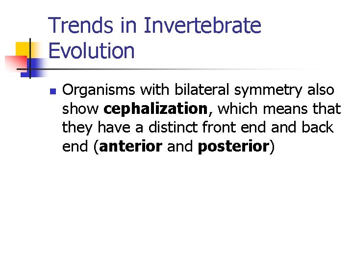 Trends in Invertebrate Evolution n Organisms with bilateral symmetry also show cephalization, which means