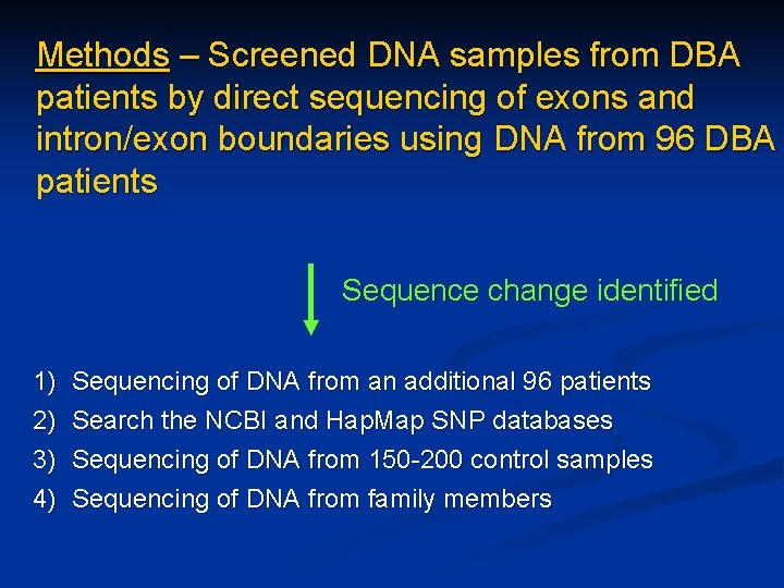 Methods – Screened DNA samples from DBA patients by direct sequencing of exons and