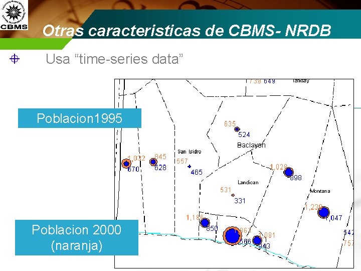 Otras caracteristicas de CBMS- NRDB Usa “time-series data” Poblacion 1995 (azul) Poblacion 2000 (naranja)