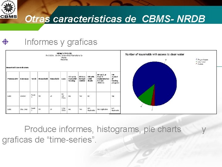 Otras caracteristicas de CBMS- NRDB Informes y graficas Produce informes, histograms, pie charts graficas