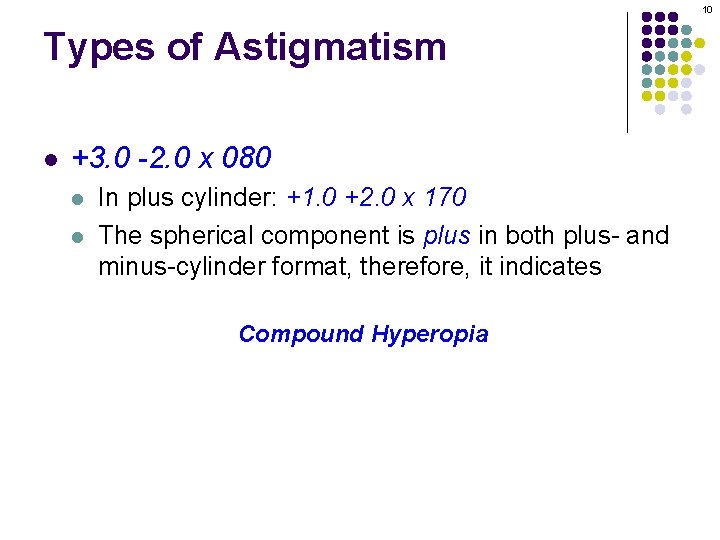 10 Types of Astigmatism l +3. 0 -2. 0 x 080 l l In