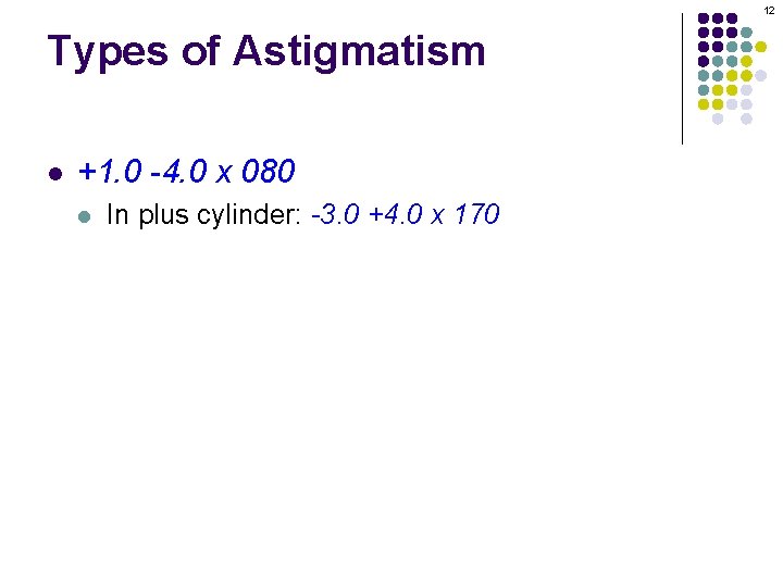12 Types of Astigmatism l +1. 0 -4. 0 x 080 l In plus