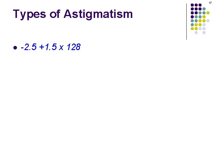 17 Types of Astigmatism l -2. 5 +1. 5 x 128 