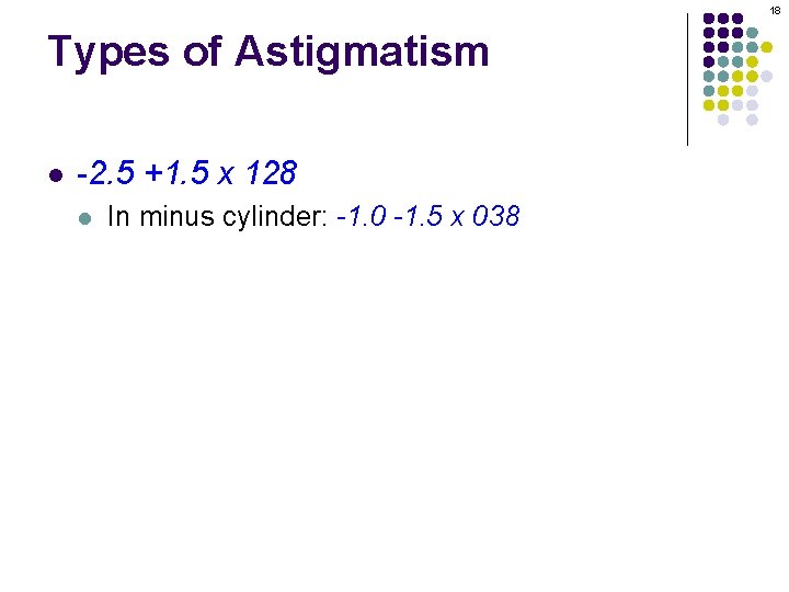 18 Types of Astigmatism l -2. 5 +1. 5 x 128 l In minus