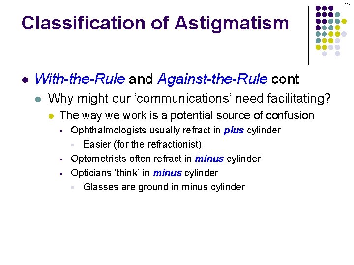 23 Classification of Astigmatism l With-the-Rule and Against-the-Rule cont l Why might our ‘communications’