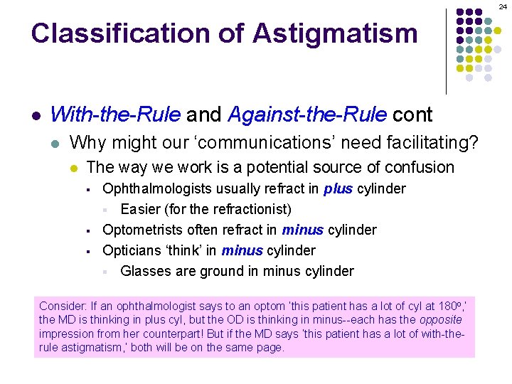 24 Classification of Astigmatism l With-the-Rule and Against-the-Rule cont l Why might our ‘communications’