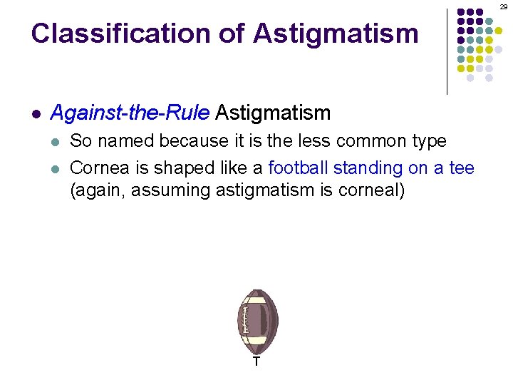 29 Classification of Astigmatism l Against-the-Rule Astigmatism l l So named because it is