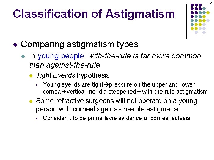 32 Classification of Astigmatism l Comparing astigmatism types l In young people, with-the-rule is