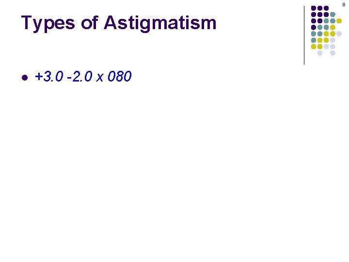 8 Types of Astigmatism l +3. 0 -2. 0 x 080 
