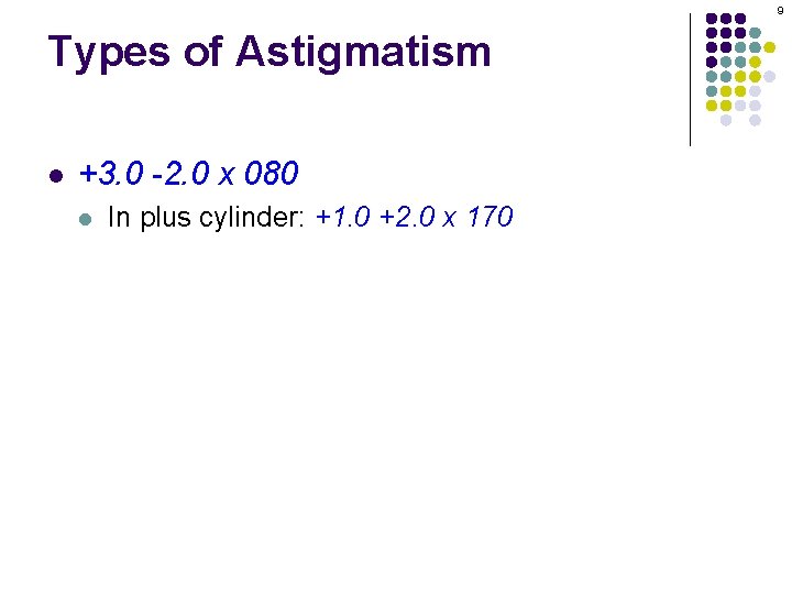 9 Types of Astigmatism l +3. 0 -2. 0 x 080 l In plus