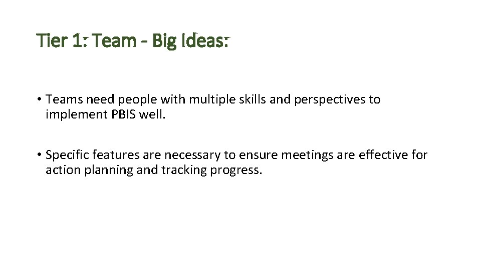 Tier 1: Team - Big Ideas: • Teams need people with multiple skills and
