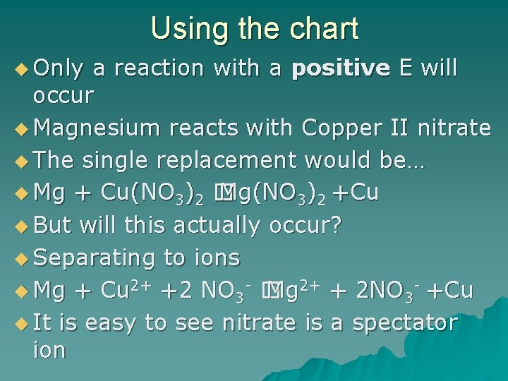 Using the chart u Only a reaction with a positive E will occur u