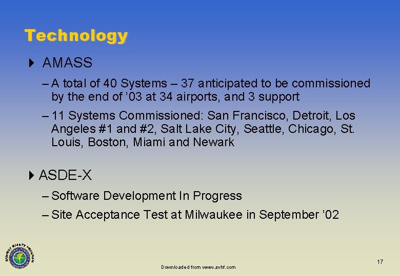 Technology 4 AMASS – A total of 40 Systems – 37 anticipated to be