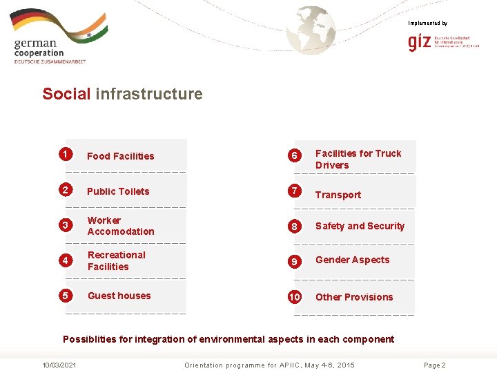 Implemented by Social infrastructure 1 Food Facilities 6 Facilities for Truck Drivers 2 Public