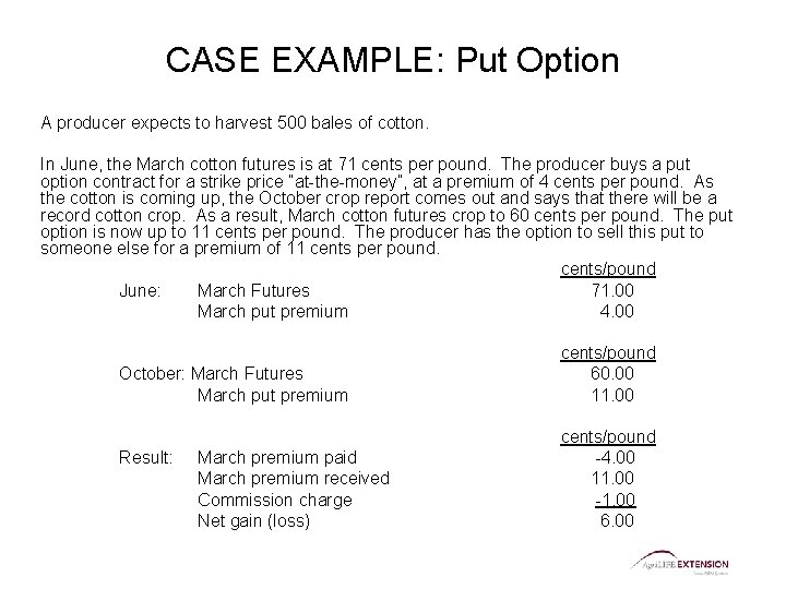 CASE EXAMPLE: Put Option A producer expects to harvest 500 bales of cotton. In