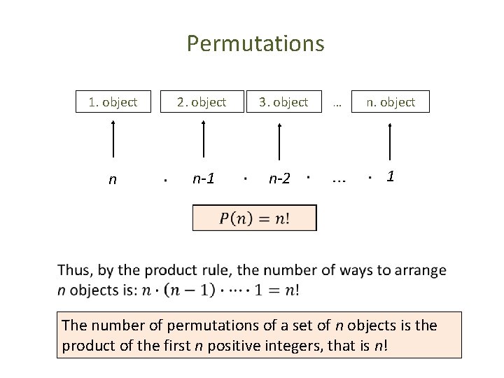 Permutations 1. object n 2. object n-1 3. object n-2 … n. object 1