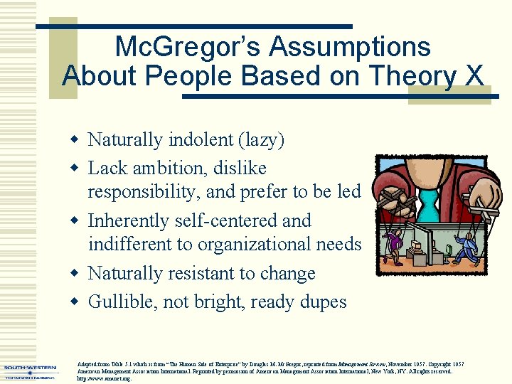 Mc. Gregor’s Assumptions About People Based on Theory X w Naturally indolent (lazy) w