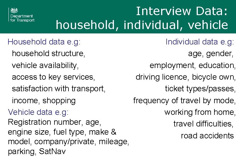 Interview Data: household, individual, vehicle Household data e. g: Individual data e. g: household