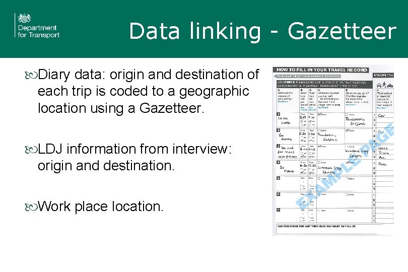 Data linking - Gazetteer Diary data: origin and destination of each trip is coded